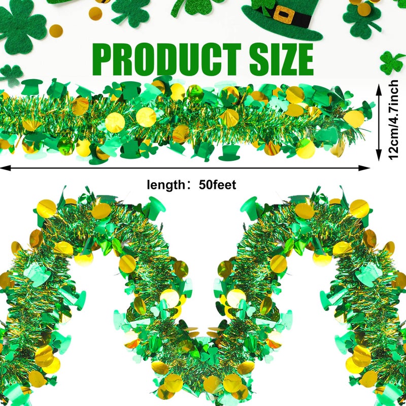 Fairooth 50 Ft St. Patrick's Day Tinsel Garland Green Gold Shamrock Metallic Tinsel Twist Garland Shiny Clover Metallic Hanging Decoration for St. Patrick's Day Irish Party Tree Indoor Outdoor Glitter Decor - Image 2