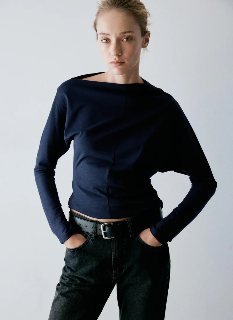 Mango Boat Neck T-Shirt With Draped Detail