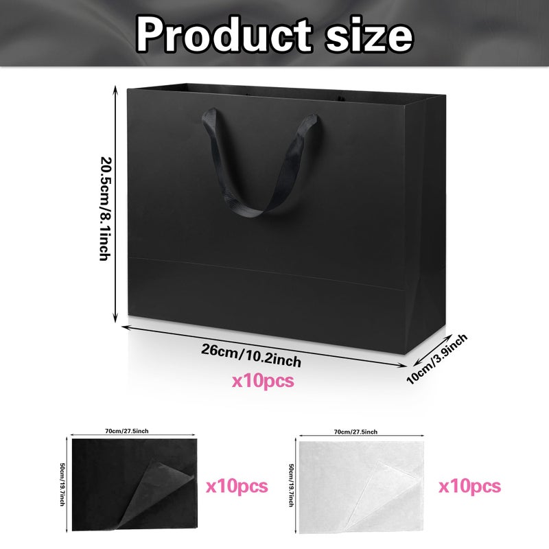 KEEPARTY Assorted Sizes Black Gift Bags with Ribbon Handles Kraft Paper Shopping Bags with Tissue Paper for Party Business Wedding Birthday Graduation Fathers Day (Black 10.5 Inches, 10.5 Inches) - Image 2