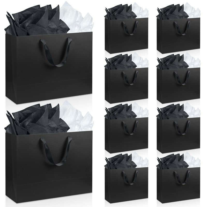 KEEPARTY Assorted Sizes Black Gift Bags with Ribbon Handles Kraft Paper Shopping Bags with Tissue Paper for Party Business Wedding Birthday Graduation Fathers Day (Black 10.5 Inches, 10.5 Inches) - Image 1