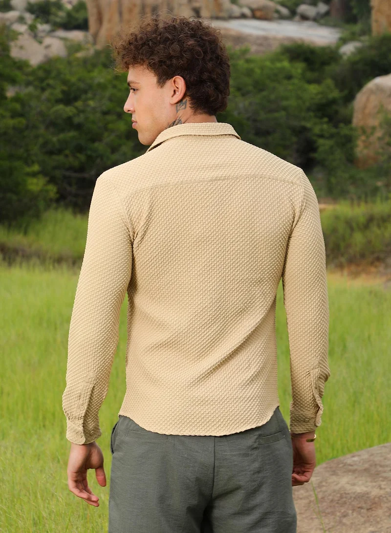 CAHOOT  Men's Tan Brown Micro Cubic-Textured Shirt for Men | Best Price UAE