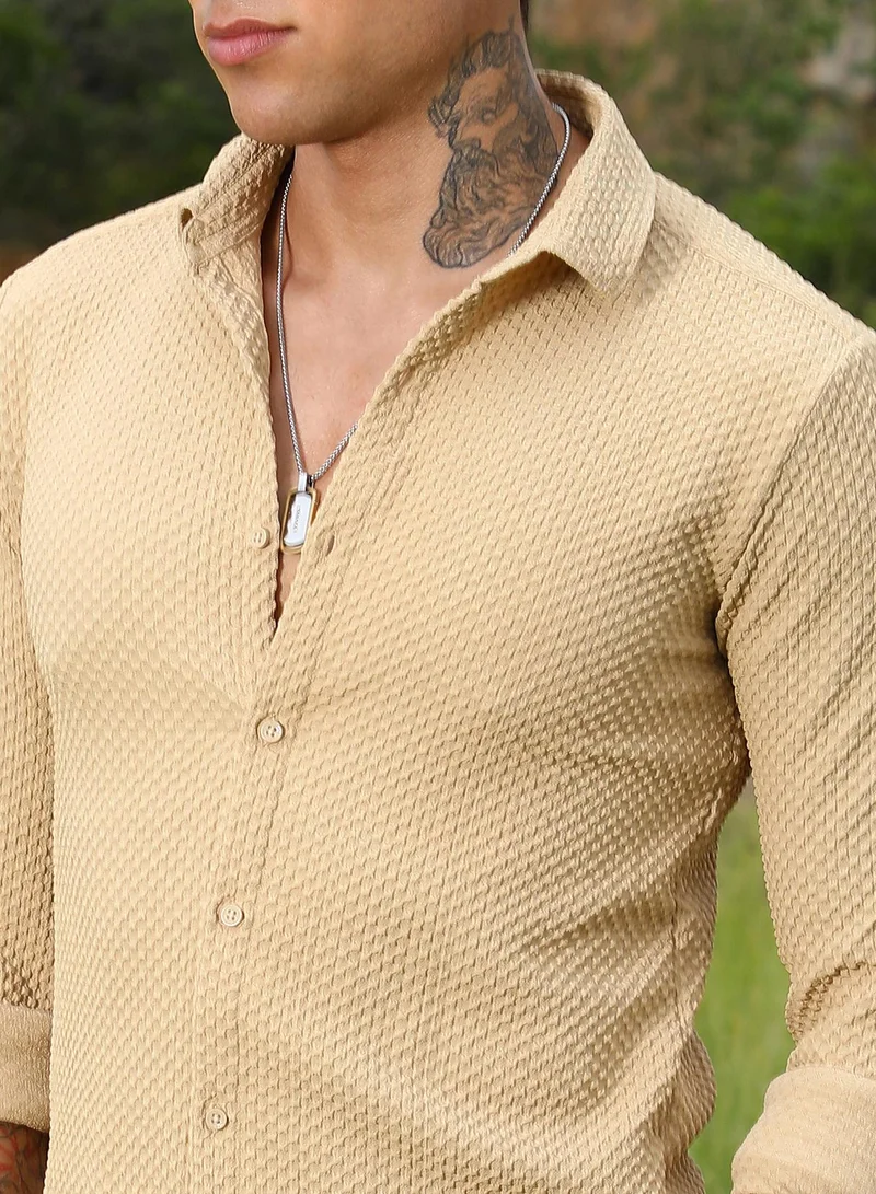 CAHOOT  Men's Tan Brown Micro Cubic-Textured Shirt for Men | Best Price UAE