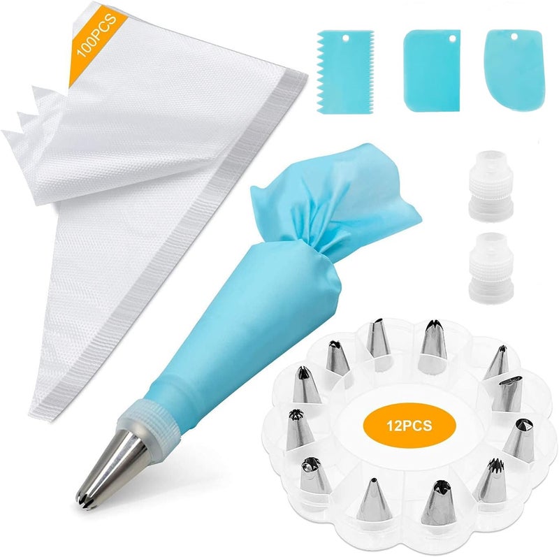 Tamodan Piping Bags and Tips Cake Piping Bags and Tips Suitable for Beginners Included 100PCS 16 Inch Disposable Piping Bags with 12 Piping Tips Set 2 Coupler and 1 Reusable Pastry Bags
