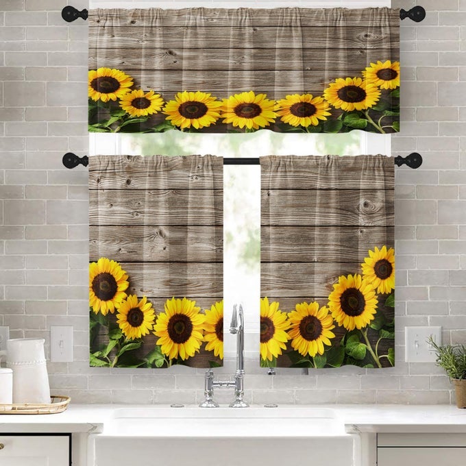 Sunflower Kitchen Window Curtains Valance and Tier Set 36 Inch Wooden Board Yellow Flower Rod Pocket Short Tier Curtain Summer Rustic Vintage Small Cafe Drapes for Kitchen Decor