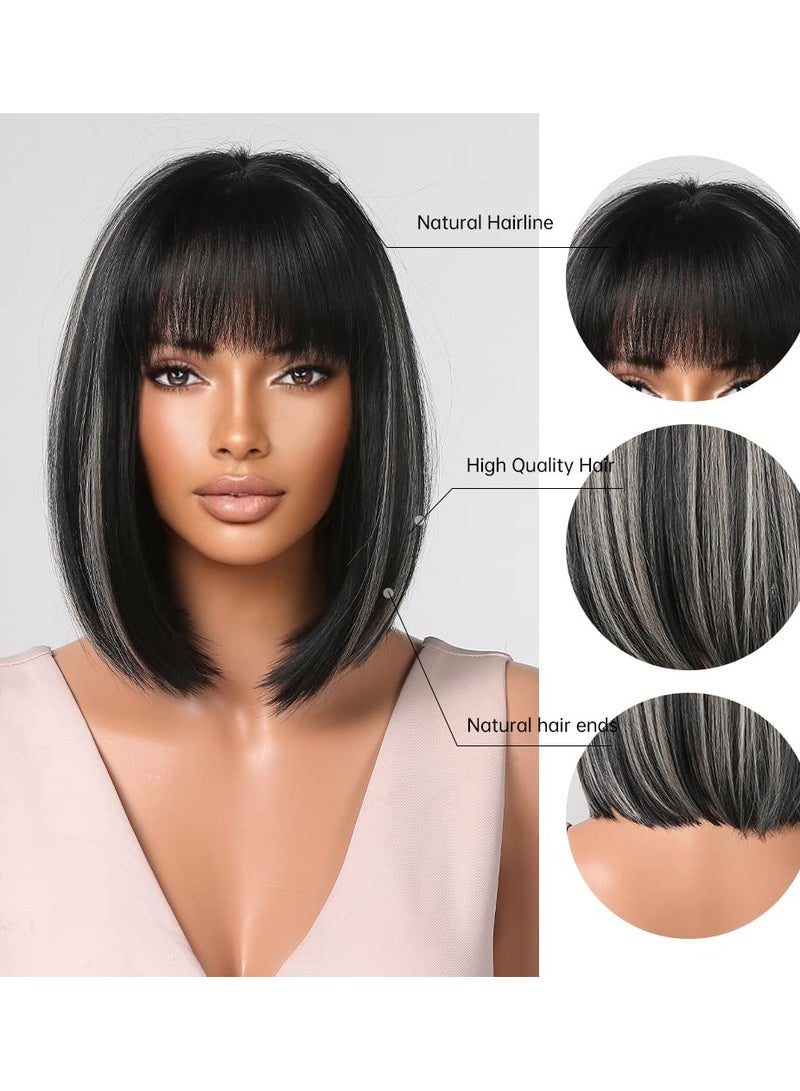SOLARAE Short Bob Hair Wigs Black Bob Wigs Black Wigs with Bangs Blonde Gray Highlights Synthetic Wigs Flat Bangs for Women Natural As Real Hair Cosplay Daily Party Wig - Image 2