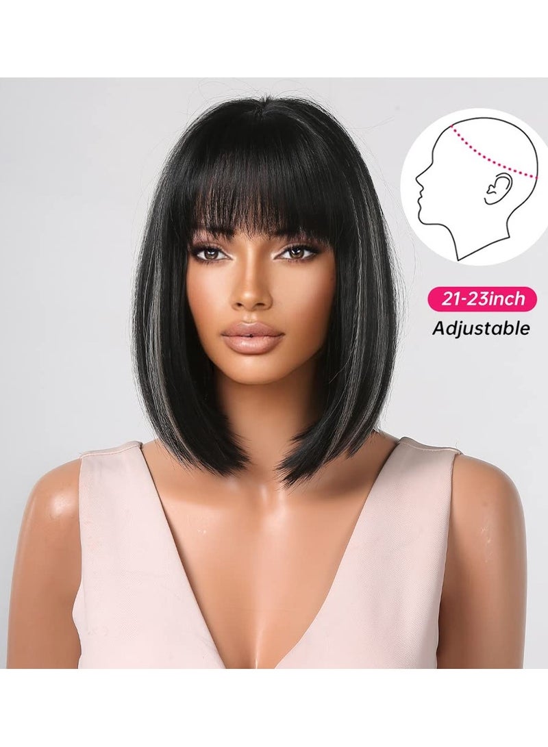 SOLARAE Short Bob Hair Wigs Black Bob Wigs Black Wigs with Bangs Blonde Gray Highlights Synthetic Wigs Flat Bangs for Women Natural As Real Hair Cosplay Daily Party Wig - Image 4