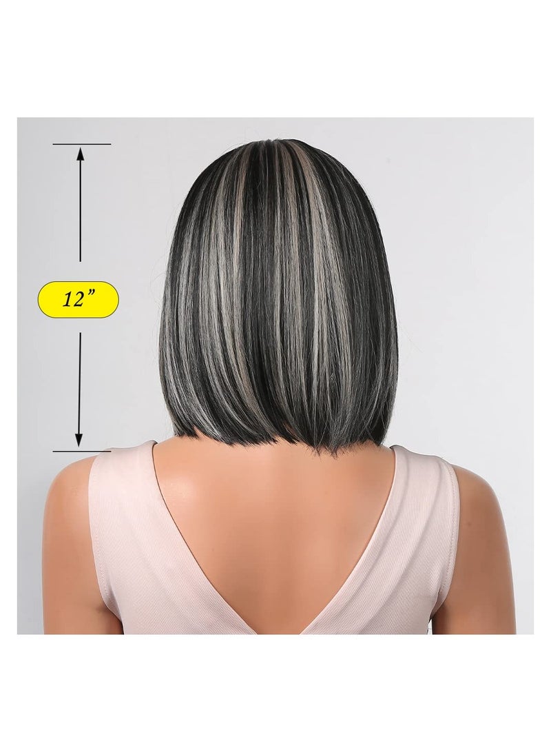 SOLARAE Short Bob Hair Wigs Black Bob Wigs Black Wigs with Bangs Blonde Gray Highlights Synthetic Wigs Flat Bangs for Women Natural As Real Hair Cosplay Daily Party Wig - Image 5