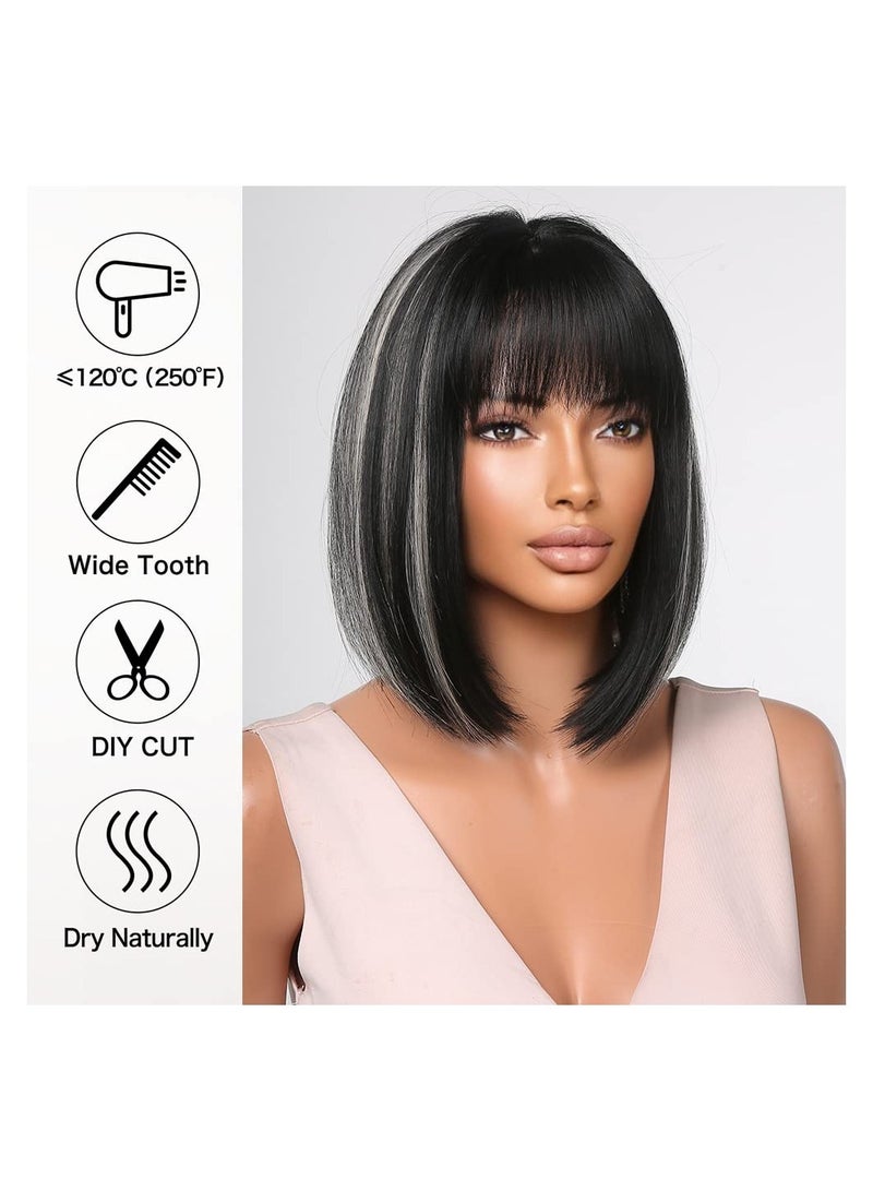 SOLARAE Short Bob Hair Wigs Black Bob Wigs Black Wigs with Bangs Blonde Gray Highlights Synthetic Wigs Flat Bangs for Women Natural As Real Hair Cosplay Daily Party Wig - Image 3