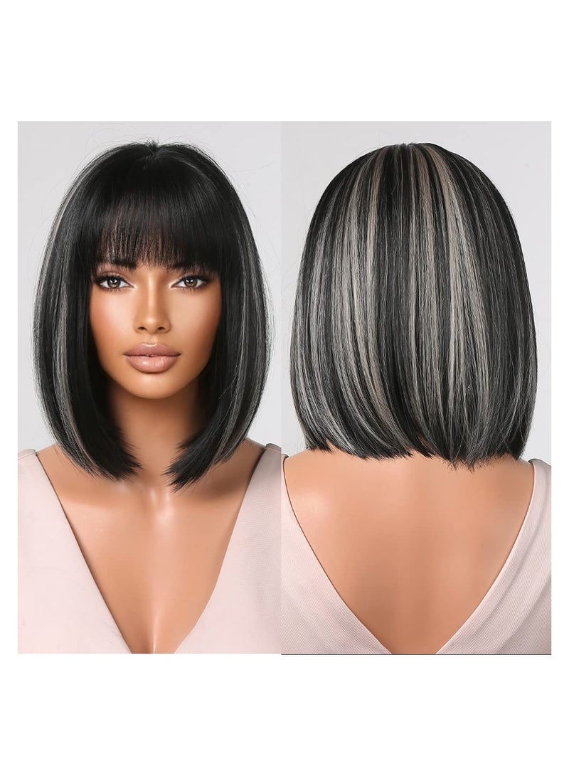 SOLARAE Short Bob Hair Wigs Black Bob Wigs Black Wigs with Bangs Blonde Gray Highlights Synthetic Wigs Flat Bangs for Women Natural As Real Hair Cosplay Daily Party Wig - Image 1