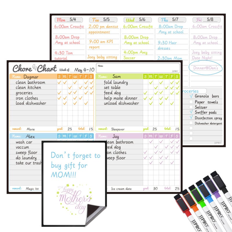 JJPRO Magnetic Dry Erase Chore Chart and Weekly Calendar Set for Fridge-Chore Chart for Multiple Kids,Weekly Planner Board,Family Chore Board for Multiple Kids&Adults,Bonus to-do Whiteboard - Image 1