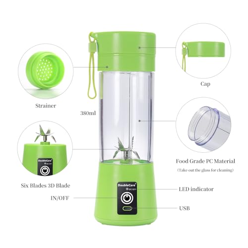 DoubleCare Portable Electric USB Juicer Blender Cup, Mini Blender for Shakes and Smoothies, Juice - 380ml, Six Blades, Green - Image 2
