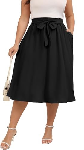 Xpenyo Women's Plus Size Midi Skirts Elastic High Waisted Tie Knot Casual Flowy Beach Boho Skirts with Pockets,Black XL - Image 1