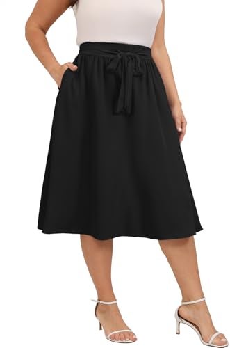 Xpenyo Women's Plus Size Midi Skirts Elastic High Waisted Tie Knot Casual Flowy Beach Boho Skirts with Pockets,Black XL - Image 4