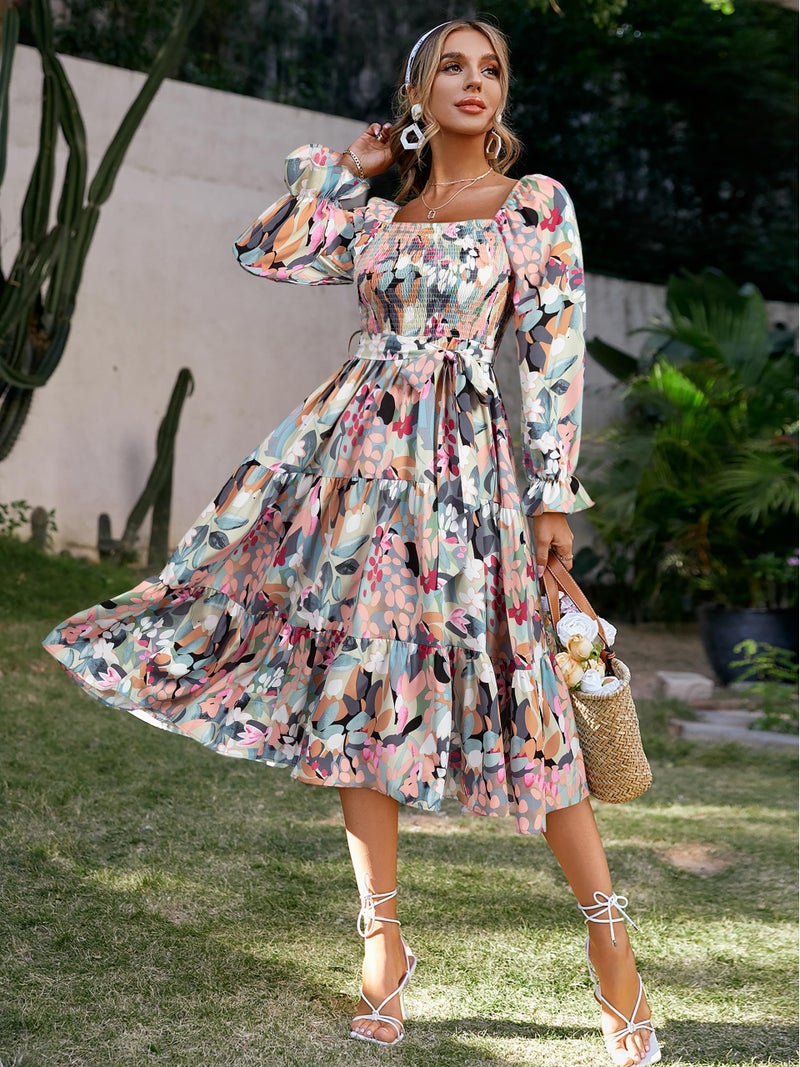 Amegoya Womens Spring Floral Long Sleeve Dress Square Neck Smocked Tiered Flowy Maxi Dresses for Wedding Guest (Green Pink XL) - Image 2