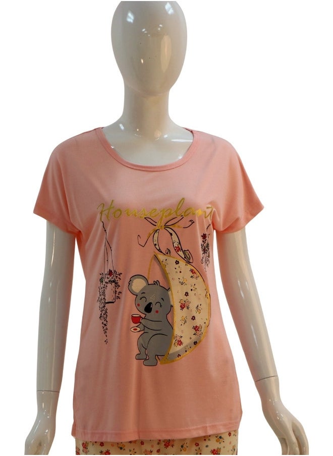 JOANNA - JOANNA Women's Houseplant Print Short Sleeve Shirt & Long Pants Pajama Set, Baby Pink - Image 1
