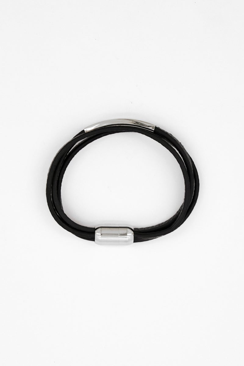 Steeltime Men Leather and Stainless Steel Bracelet, Black - Image 3