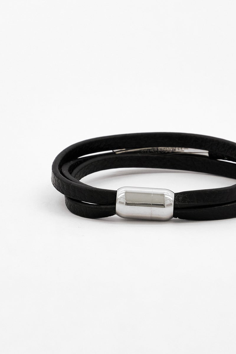 Steeltime Men Leather and Stainless Steel Bracelet, Black - Image 2