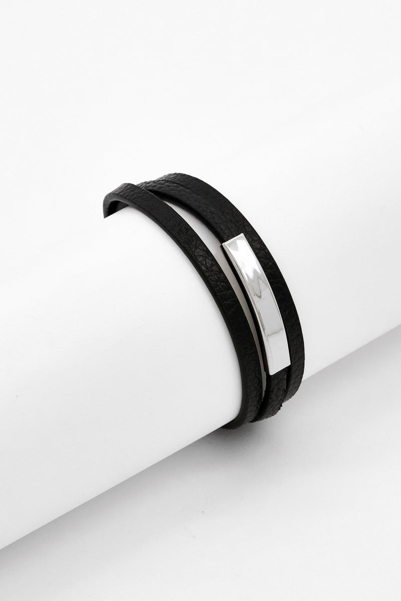 Steeltime Men Leather and Stainless Steel Bracelet, Black - Image 1