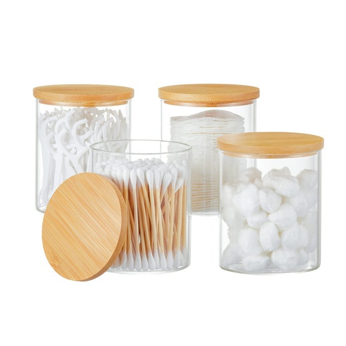 4 PACK GLASS QTIP HOLDER DISPENSER GLASS APOTHECARY JARS WITH LIDS COTTON BALL SWAB PAD HOLDER BATHROOM ESSENTIAL CANISTERS ACCESSORIES JARS FOR BATHROOM ORGANIZATION VANITY ORGANIZERS