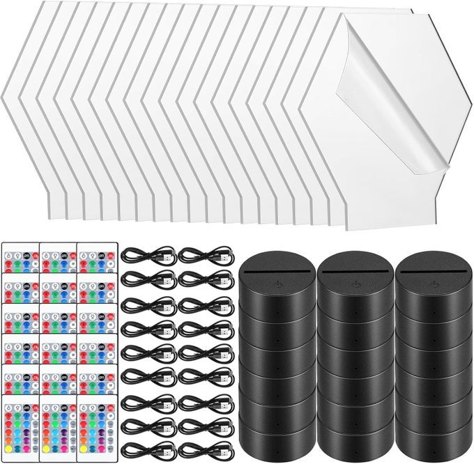 18 SETS 3D NIGHT LED LIGHT LAMP BASE WITH 18 PIECES BLANK ACRYLIC SHEET 16 COLORS LED LIGHT DISPLAY BASE WITH REMOTE CONTROL AND USB PARTY DECORATIVE LIGHT LAMP BASE FOR HOME SHOP HEXAGON