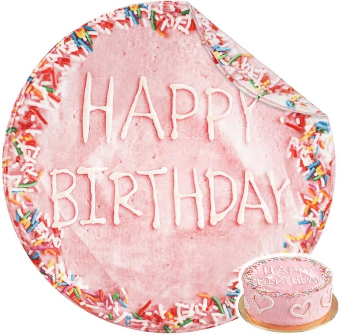 PINK BIRTHDAY CAKE BLANKET 300GSM DOUBLE SIDED GIANT REALISTIC FUNNY GIFT THROW WITH POUCH FOR SOFA BED SUPER SOFT NOVELTY FOOD BLANKET FOR KIDSPETS AND ADULTS