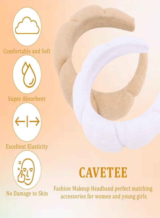CAVETEE Spa Headband for Face Washing - Terry Cloth Puffy Makeup Headband Set of 2 (Beige & White, one size) - Image 4