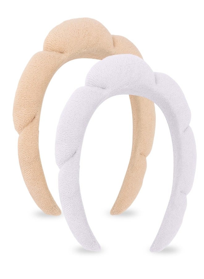 CAVETEE Spa Headband for Face Washing - Terry Cloth Puffy Makeup Headband Set of 2 (Beige & White, one size) - Image 1