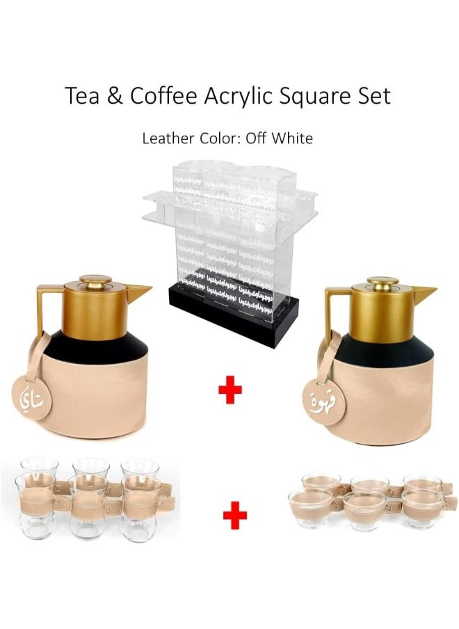 Lamsit Ibdaa - Coffee Thermo Flask – Tea Vacuum Pot - Heat Insulated Thermos – Arabic Carafe – Jug Dalla – Drink Cups – Square Acrylic Set (Off White, Tea Set) - Image 1