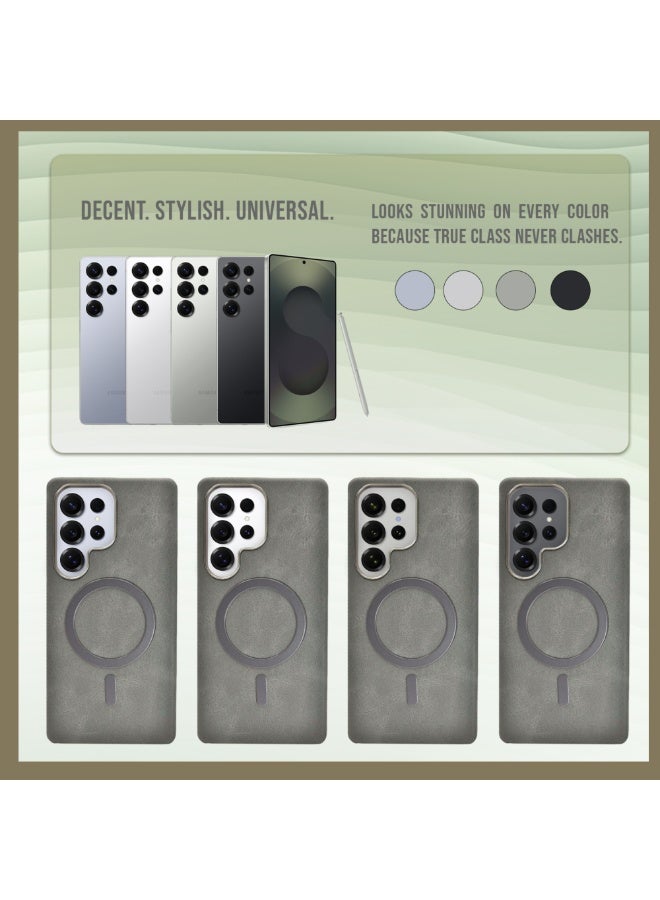 Leather-Look Magnetic Back Case for Samsung Galaxy S25 Ultra – Gray Slim Protective Cover with Camera Lens Guard - Image 2