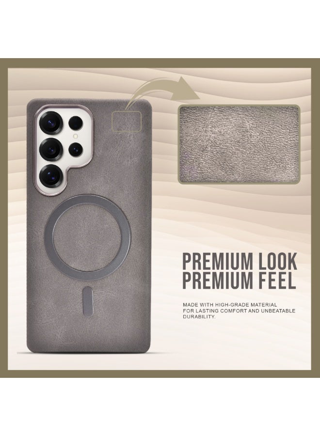 Leather-Look Magnetic Back Case for Samsung Galaxy S25 Ultra – Gray Slim Protective Cover with Camera Lens Guard - Image 3