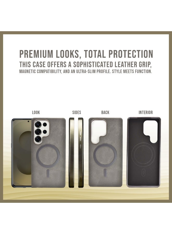 Leather-Look Magnetic Back Case for Samsung Galaxy S25 Ultra – Gray Slim Protective Cover with Camera Lens Guard - Image 5