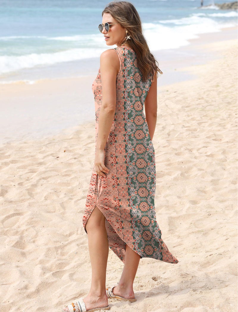 Sampeel Boho Dresses for Women 2025 Summer V Neck Swing Tank Casual Sundresses Boho Hawaiian Floral Ethnic XL - Image 4
