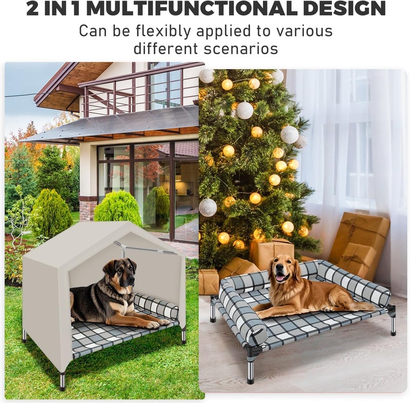 Caghash Elevated Dog Pet Bed House - Weatherproof 2-in-1 Indoor Outdoor Pet Cot with Canopy Cooling Portable Raised Dog Bed with Pillow for Camping Beach Backyard Sunshade Tent & Cozy Pillow for Cats Dogs - Image 5