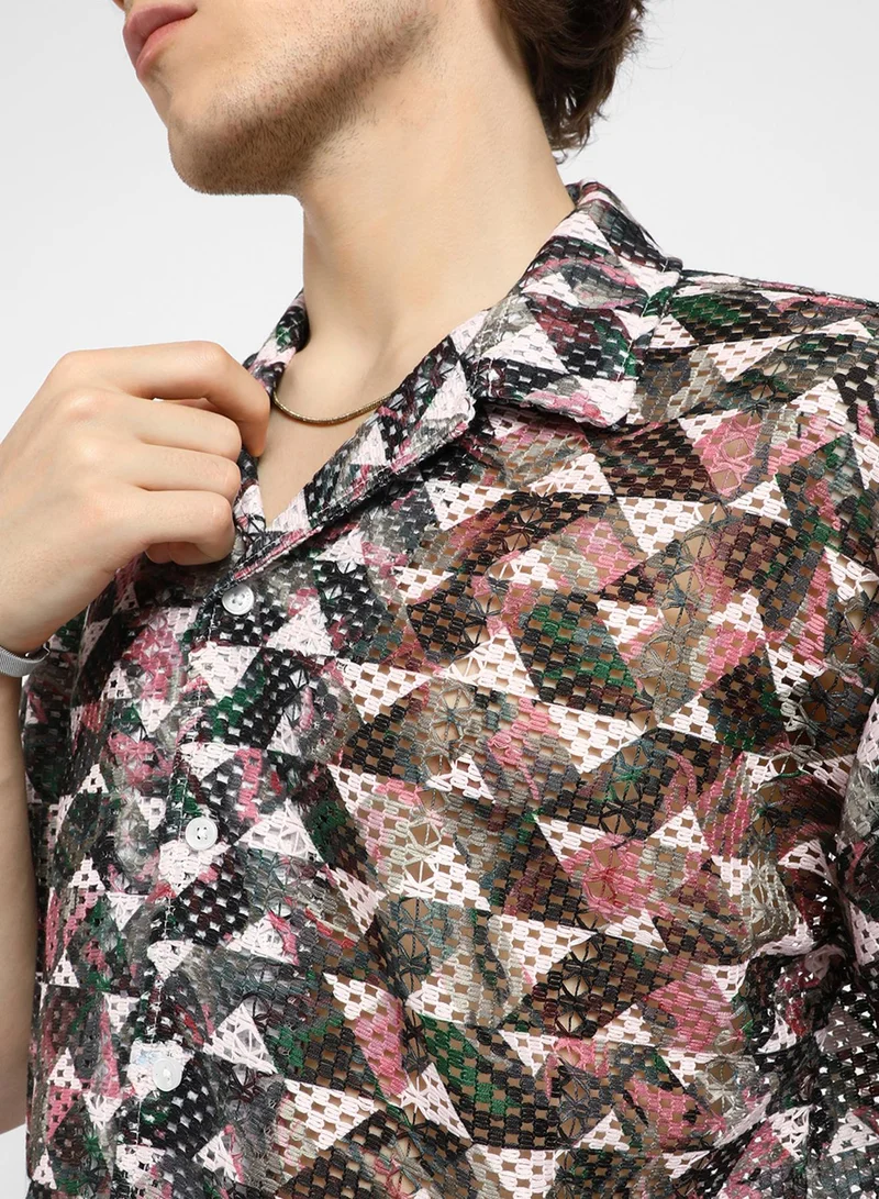 Campus Sutra Men's Multicolour Overlap Knit Oversized Shirt