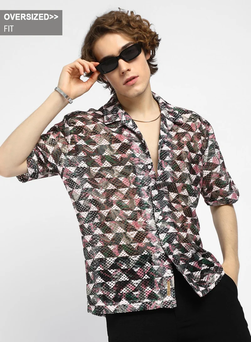 Campus Sutra Men's Multicolour Overlap Knit Oversized Shirt