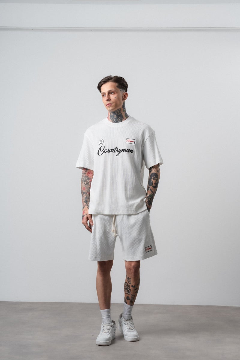 RESPIRE Men's Countryman Embroidered Regular Fit T-Shirt and Shorts Set, Ecru - Image 2