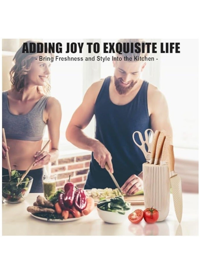 Forest Home 6 Piece Professional Knife Set, Includes Kitchen Knife, Chef's Knife, Japanese Knife, Utility Knife, Kitchen Scissors and Universal Non Stick Knife Block, Ergonomic Stainless Steel Sharp Blades with Handles Perfect for Daily Kitchen Tasks, Khaki - Image 5