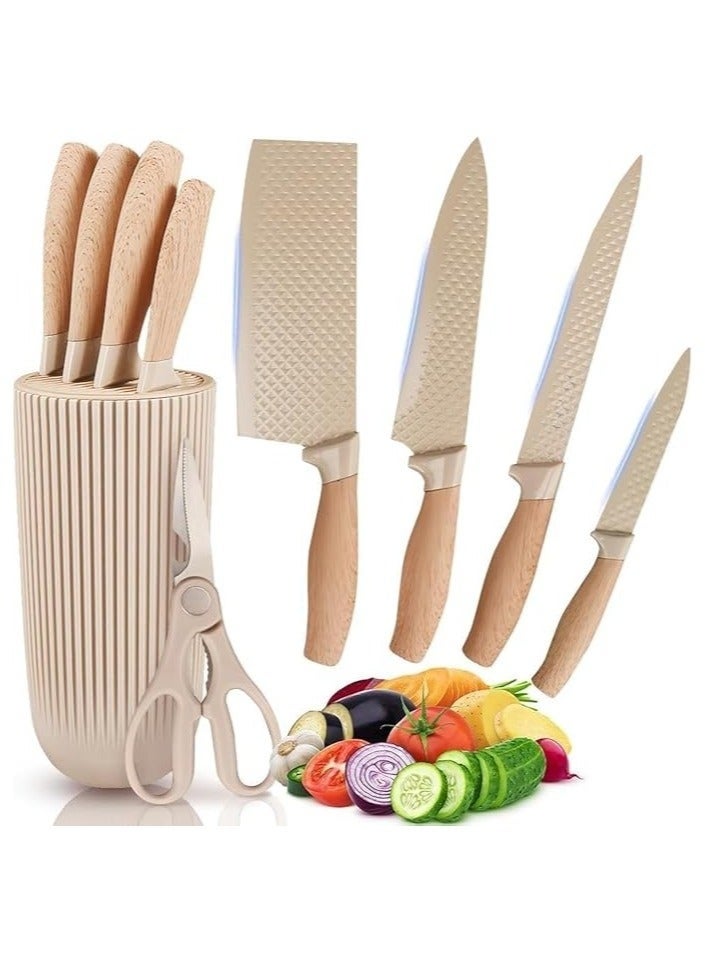 Forest Home 6 Piece Professional Knife Set, Includes Kitchen Knife, Chef's Knife, Japanese Knife, Utility Knife, Kitchen Scissors and Universal Non Stick Knife Block, Ergonomic Stainless Steel Sharp Blades with Handles Perfect for Daily Kitchen Tasks, Khaki - Image 1
