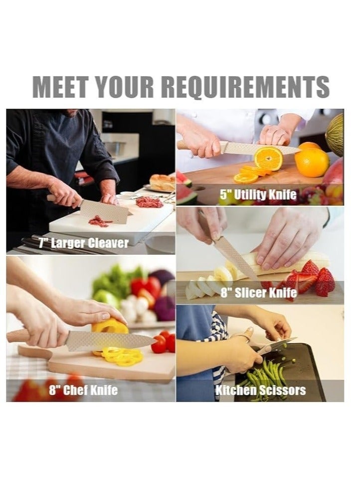 Forest Home 6 Piece Professional Knife Set, Includes Kitchen Knife, Chef's Knife, Japanese Knife, Utility Knife, Kitchen Scissors and Universal Non Stick Knife Block, Ergonomic Stainless Steel Sharp Blades with Handles Perfect for Daily Kitchen Tasks, Khaki - Image 2