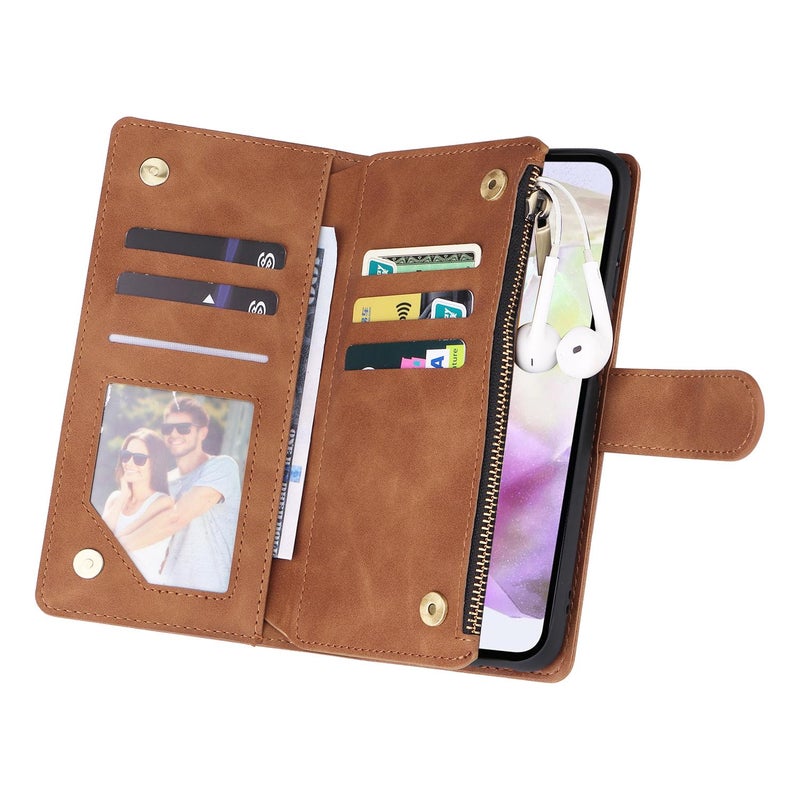 إيروريكس جراب هاتف جلدي متعدد الوظائف بسحاب غير لامع لهاتف Samsung Galaxy A17 5G (بني) - Image 5