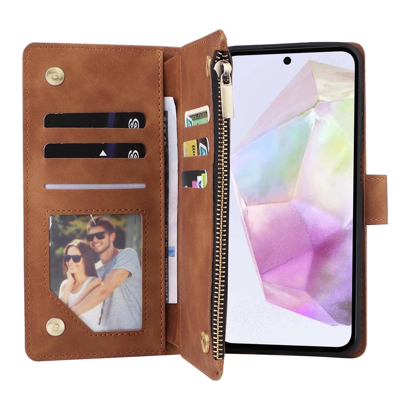 إيروريكس جراب هاتف جلدي متعدد الوظائف بسحاب غير لامع لهاتف Samsung Galaxy A17 5G (بني) - Image 4