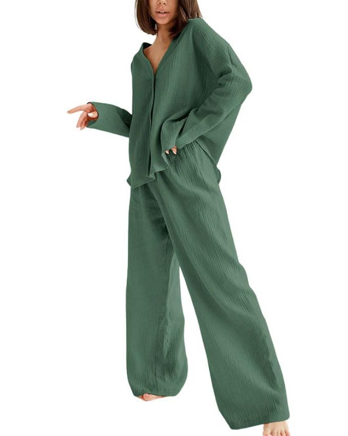 codcm Womens Cotton Gauze Loungewear Sets Casual 2 Piece Sleepwear Button Down Shirt and Wide Leg Pants Outfits(Green,Medium) - Image 1
