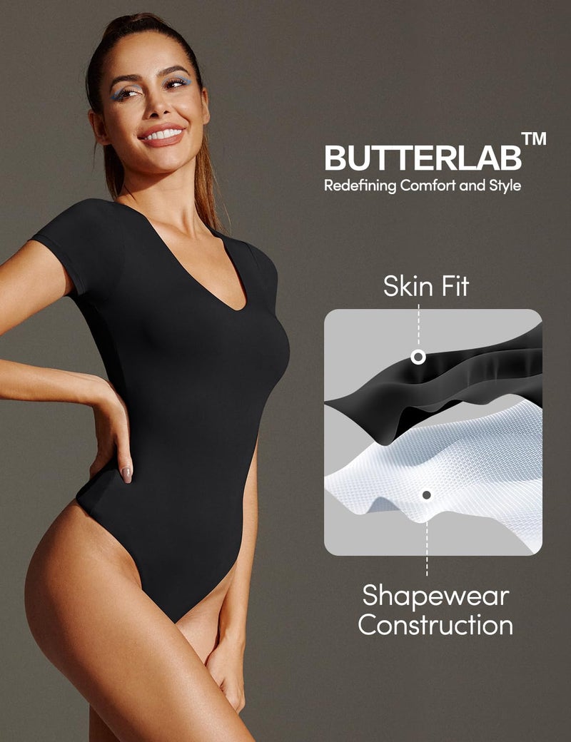 IUGA Bodysuits for Women Tummy Control Short Sleeve V Neck Body Suits for Womens Compression Slimming Thong Bodysuit - Image 3