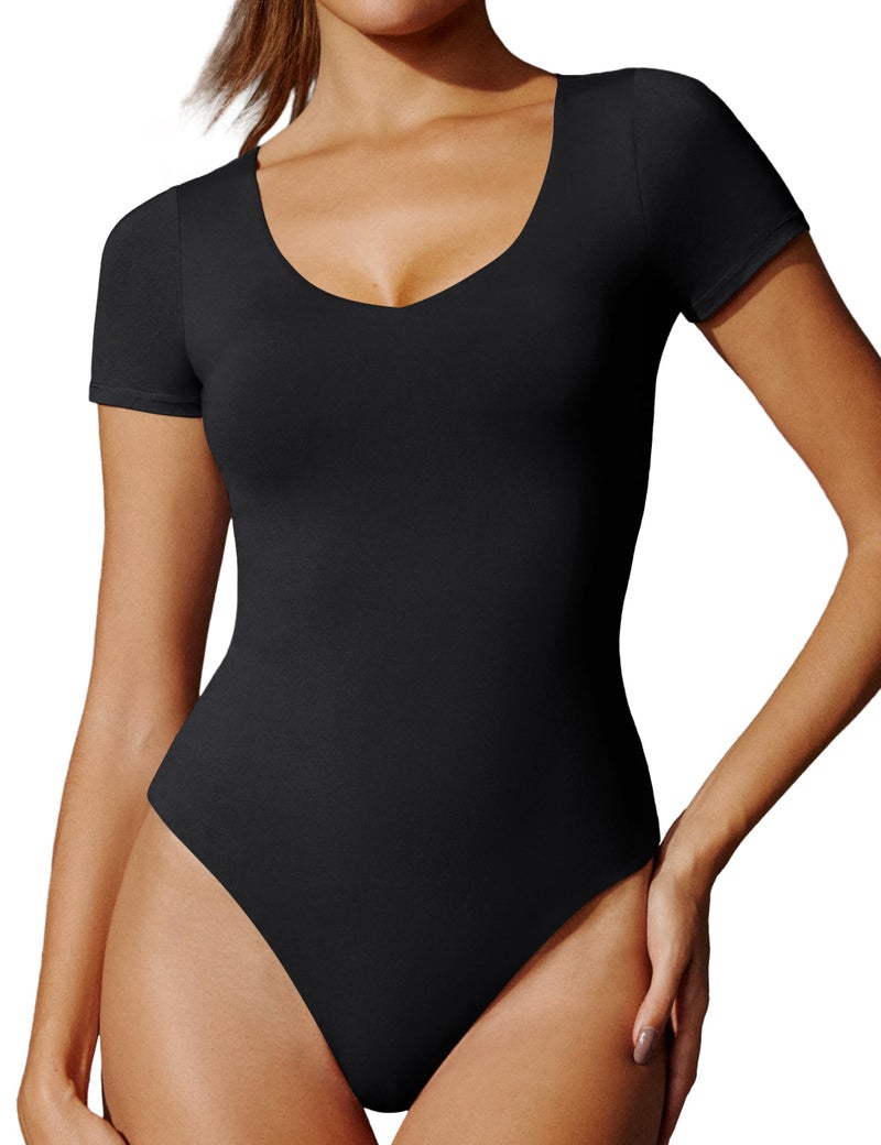 IUGA Bodysuits for Women Tummy Control Short Sleeve V Neck Body Suits for Womens Compression Slimming Thong Bodysuit - Image 1