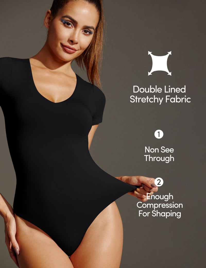 IUGA Bodysuits for Women Tummy Control Short Sleeve V Neck Body Suits for Womens Compression Slimming Thong Bodysuit - Image 4