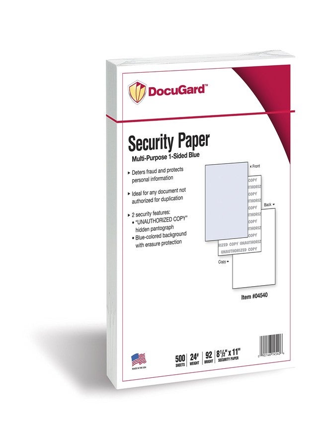 DocuGard Standard Blue Multi-Purpose Security Paper - Fraud Prevention - 2 Security Features - Laser & Inkjet Printer Compatible - 8.5" x 11“ - 24 lb - 500 Sheets (04540) - Image 1
