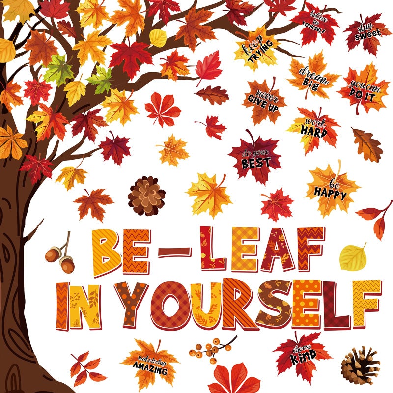 82Pcs Fall Bulletin Board Classroom Decorations SetAutumn Maple Leaves Paper Cutouts Inspirational Posters Be Leaf in Yourself Wall Decor for School Chalkboard Office Home Thanks Giving Supplies