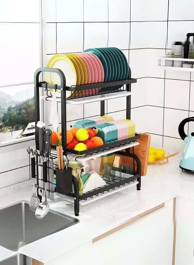 شي ون رف تجفيف أطباق مطبخ متعدد الطبقات مع رفوف جانبية وأدوات تنظيم3 أدوار - Image 3