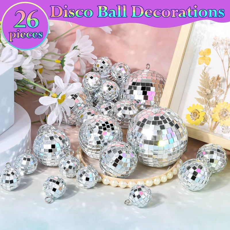 Flasoo 26 Pcs Disco Ball, 5 Sizes Disco Ball Ornaments Mini Mirror Silver Disco Balls Cake Topper Disco Themed Party Christmas Tree Ornaments Supplies (3.2inch, 2.4 Inch, 2 Inch, 1.6 Inch, 1.2 Inch) - Image 2