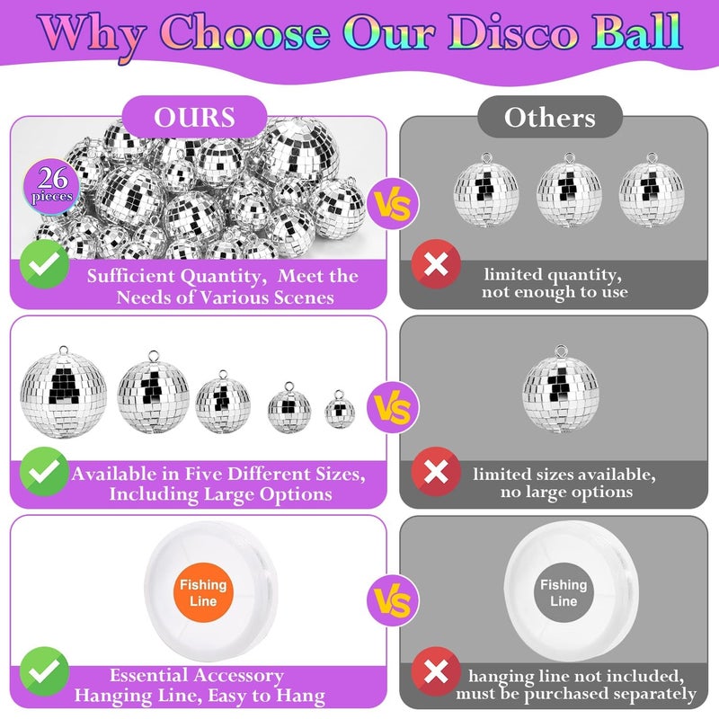 Flasoo 26 Pcs Disco Ball, 5 Sizes Disco Ball Ornaments Mini Mirror Silver Disco Balls Cake Topper Disco Themed Party Christmas Tree Ornaments Supplies (3.2inch, 2.4 Inch, 2 Inch, 1.6 Inch, 1.2 Inch) - Image 3